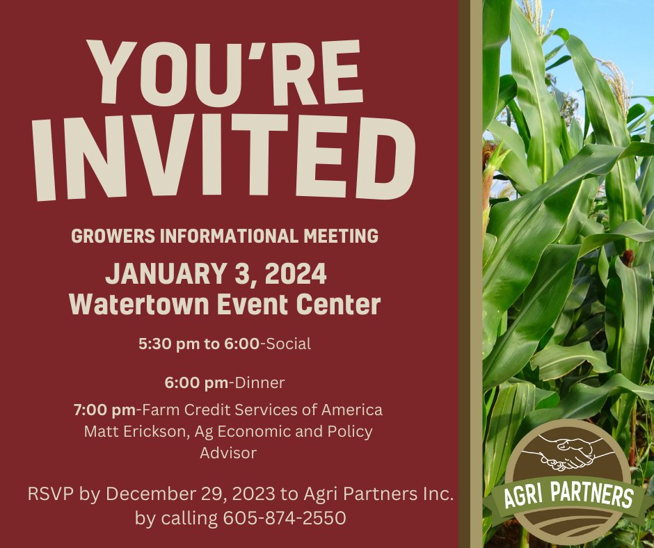 AgriPartnersInc's tweet photo. ✨Tonight is the night!

We will be having our annual Growers Informational meeting at the Watertown Event Center starting at 5:30.  If you haven't RSVP'd yet....we still have some spots open.  We hope to see you there!

🍸-Social @ 5:30
🍽-Dinner @ 6:00
🧑-Speaker @ 7:00 https://t.co/7oExfdrLfV