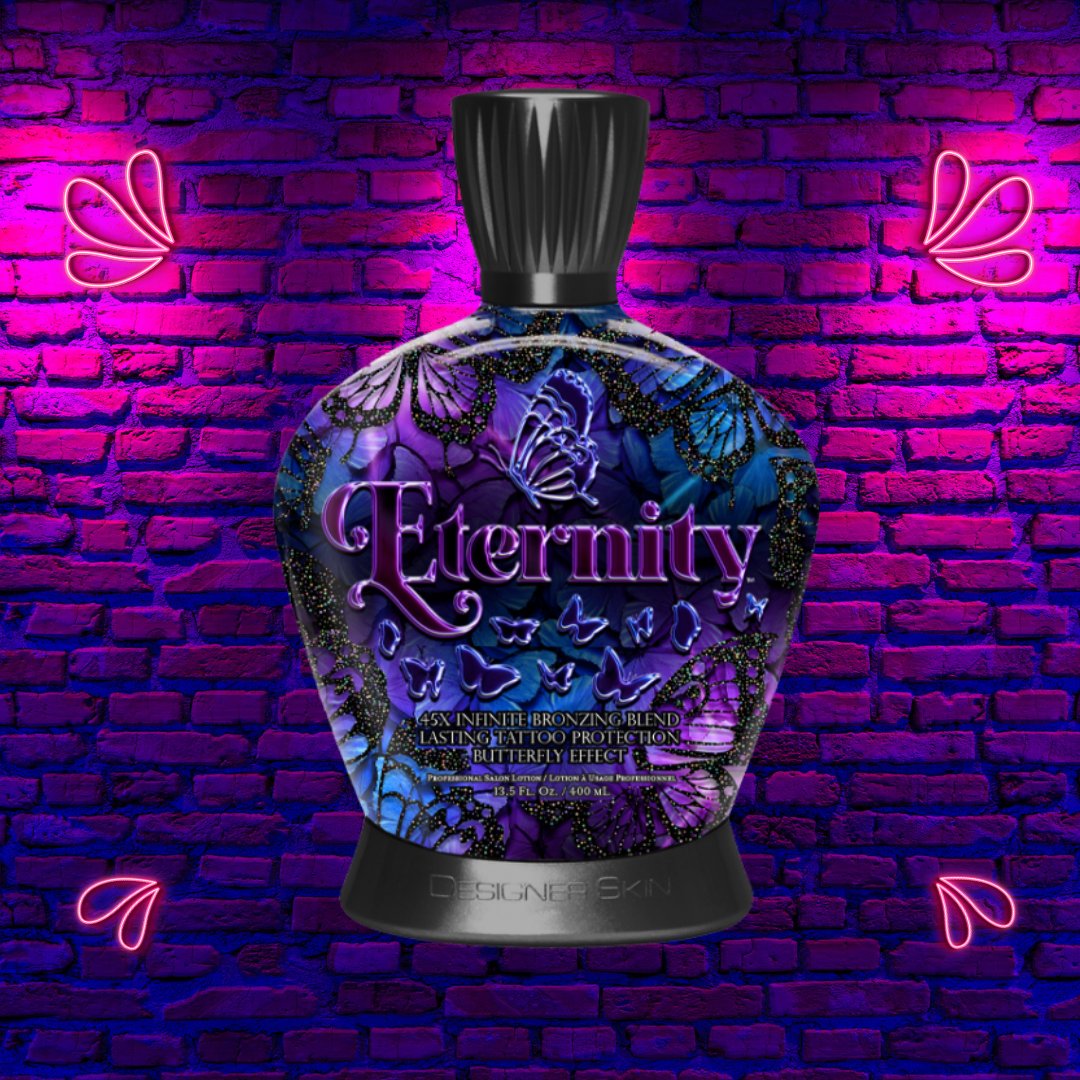 Be prepared to transform your skin with Eternity! 🦋🦋🦋
This 45X bronzer delivers: 
-Gorgeous immediate and delayed color 
-Three types of Hyaluronic Acid to deeply hydrate skin 
-Boost collagen production and repair skin texture 
-Lasting tattoo protection to prevent fading