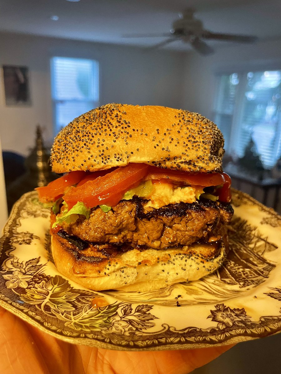 My bison blue cheese burger mixed with A 1 topped with LT and caramelized red onions on grilled Kaiser Culinary school begins soon