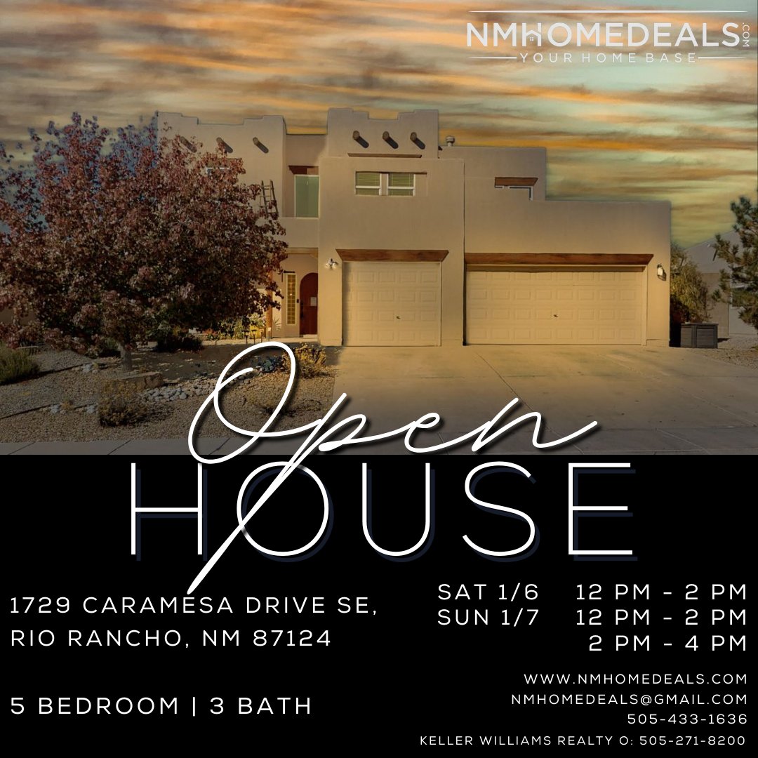 nmhomedeals's tweet photo. 🏡OPEN HOUSE
📍1729 Caramesa Drive SE, Rio Rancho, NM 87124
📅January 6, 2024 Saturday, 12pm-2pm
📅January 7, 2024 Sunday, 12pm-2pm &amp; 2pm-4pm

Join us this Saturday &amp; Sunday! Come tour this beautiful property in the highly desired Cabezon neighborhood! See you there!
#nmhomedeals https://t.co/IrKi1G7VaP
