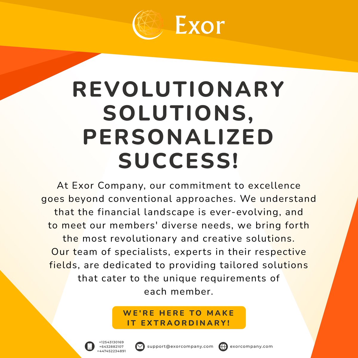 #ExorCompany #FinancialInnovation #PersonalizedSuccess #RevolutionarySolutions #ExpertiseBeyond'

#ExorCompany #FinancialInnovation #PersonalizedSuccess #RevolutionarySolutions #ExpertiseBeyond #FinanceRevolution #TailoredSolutions #CreativeWealth #InvestmentExcellence