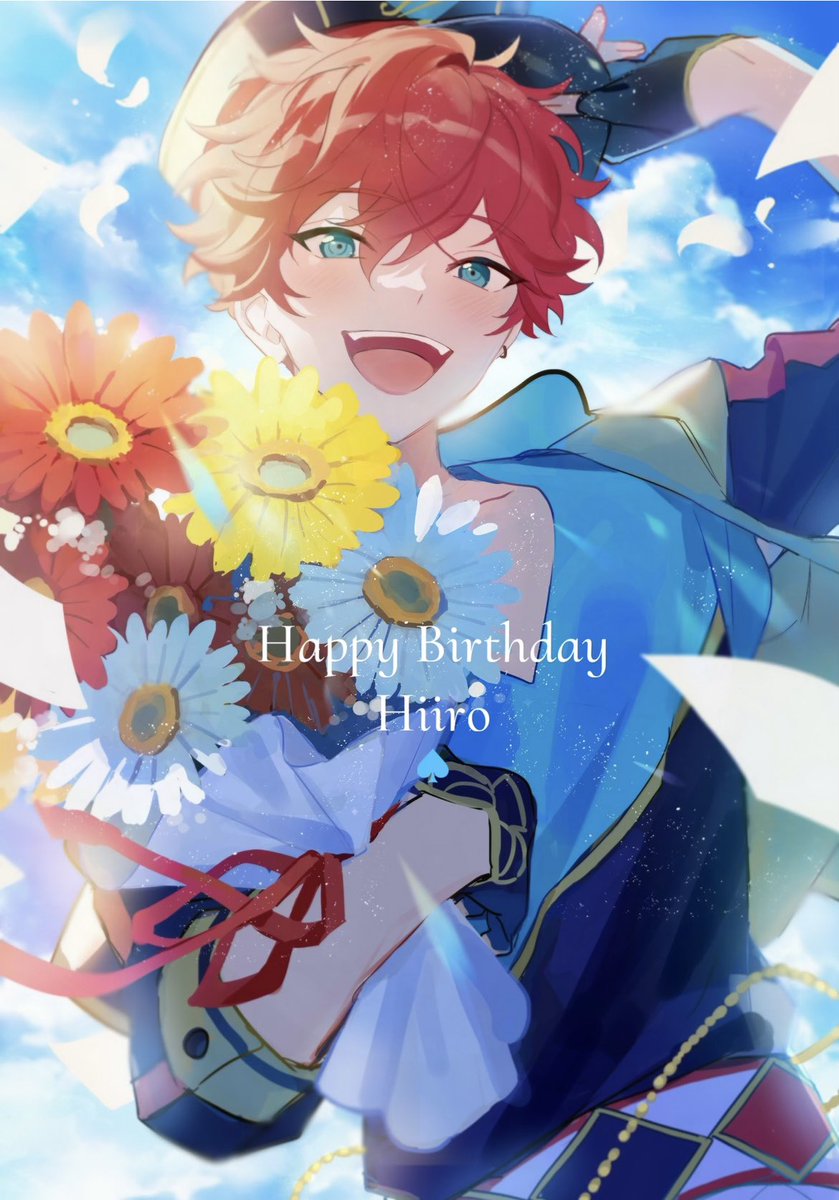 happy birthday male focus 1boy flower bouquet smile solo  illustration images