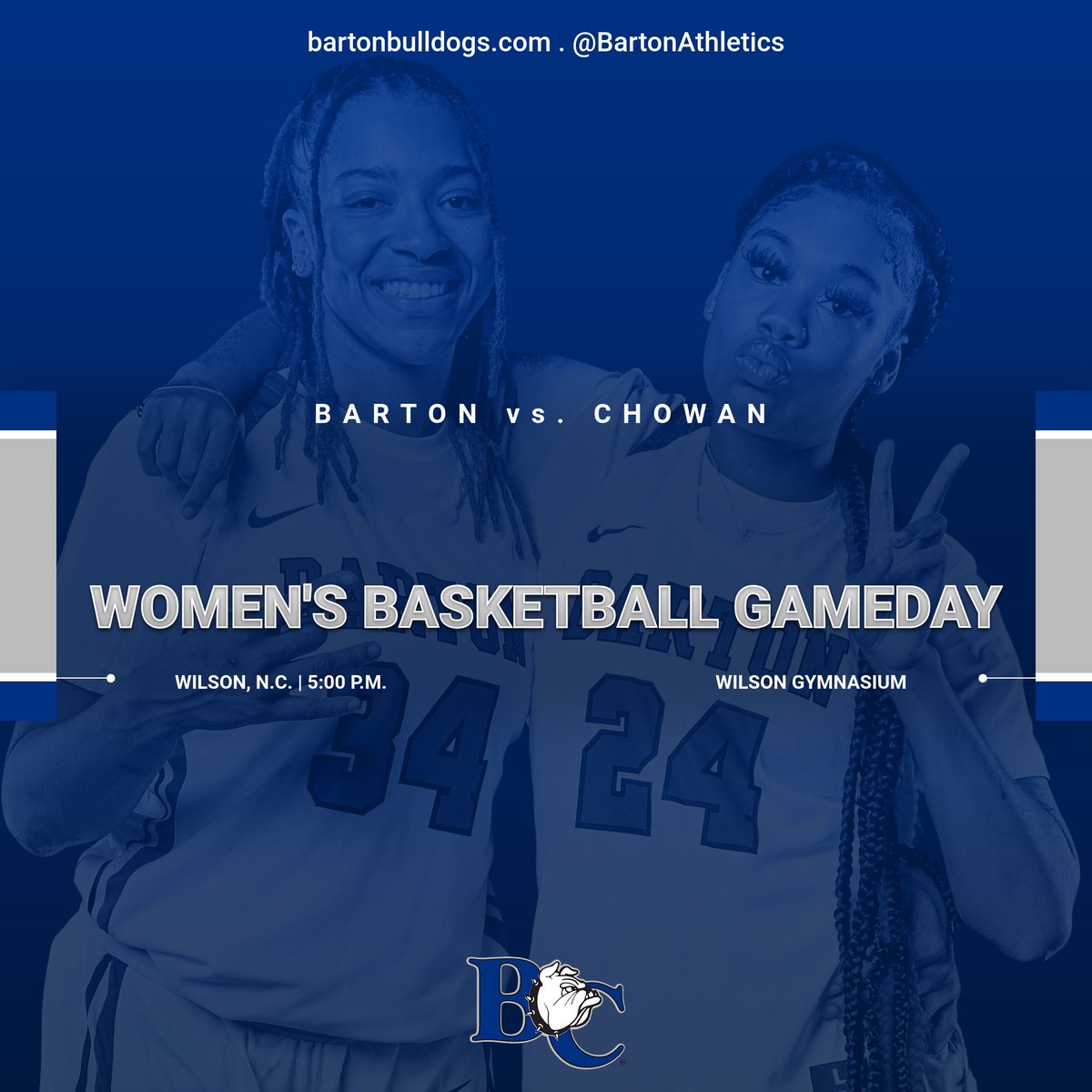 BartonAthletics's tweet photo. GAME DAY!
🏀: Barton vs. Chowan
📍: Wilson, N.C. (Wilson Gymnasium)
🕰️: 5:00 p.m.
📹: https://t.co/6Wo6wQg0PW
📊: https://t.co/oXh2JI6x6P
#BartonBold . #BCBulldogs . @ConfCarolinas 
Pictured:  Ariyana Carlton &amp; Erial Owens https://t.co/zk99t6DO2D