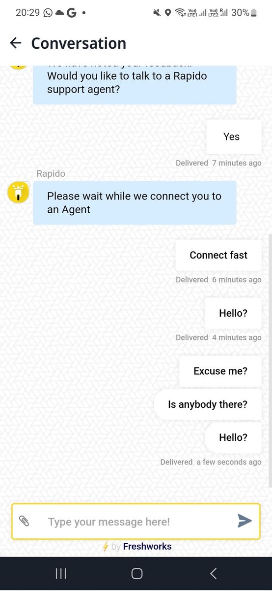 ankan_04's tweet photo. @rapidobikeapp Firstly your assigned driver drove recklessly, was on phone throughout the journey and did not follow the map costing me time and extra fare. Now your support team is unresponsive. Jab cab aggregator ka business nahi hota toh kyu ghusa bhai? Really pathetic. https://t.co/Qttlsb5168