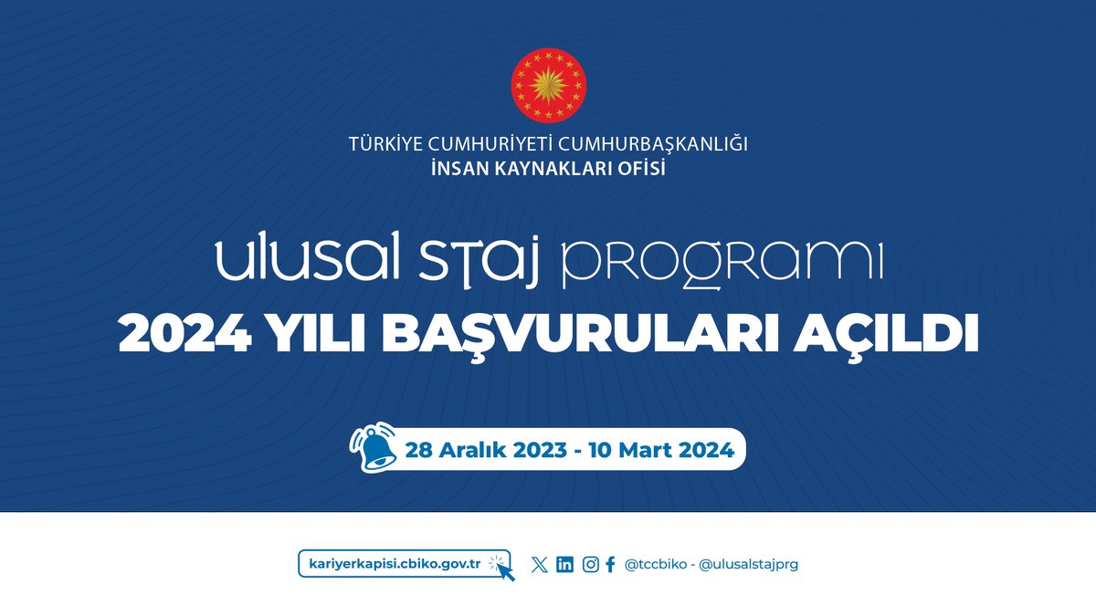 #UlusalStajProgramı 2024 yılı başvuruları başladı! Hemen başvur, sen de  kariyerin için bir adım at. #SeninİçinSeferbiriz! @tccbiko  <a href="/ulusalstajprg/">Ulusal Staj Programı</a> @einsan_tccbiko <a href="/gulmeznese/">Dr. Neşe Gülmez</a> <a href="/mkuniv/">Hatay Mustafa Kemal Üniversitesi</a> 

Başvuru Linki: kariyerkapisi.cbiko.gov.tr

Son Başvuru Tarihi: 10 Mart 2024