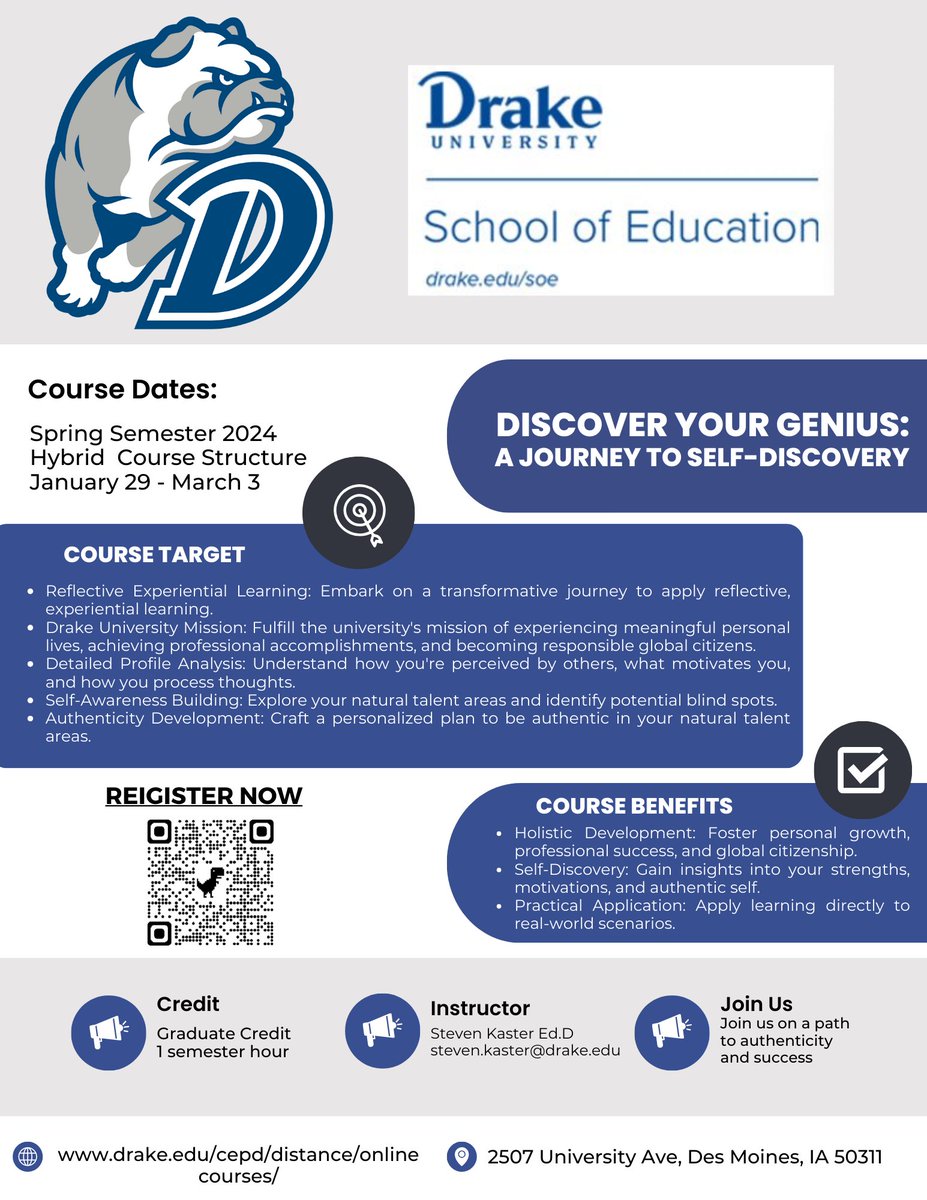 There is still time..........Looking for a flexible, self-paced, self-improvement continuing education leadership class? Look no further than this Drake University Online Class. Registration is currently open. Details below! #drake #knowthyself #continuinged