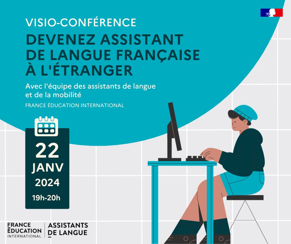 FEI_assistants's tweet photo. 📢 Visioconférence : ne manquez pas la visioconférence de présentation du programme d’échange d’#assistantsdelangue française à l’étranger demain de 19h à 20h l✈️🌏 #assistantsdelangue #mobilité
📍 https://t.co/ibTKzIwoBJ
🕦 Lundi 22 janvier 19h- 20h https://t.co/ThSEx196bz