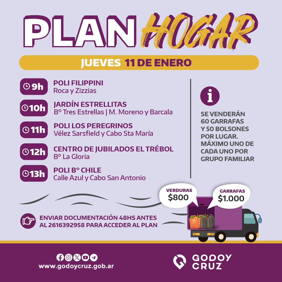 MuniGodoyCruz's tweet photo. 📍 Seguí el recorrido del #PlanHogarGC por Godoy Cruz. ✅ Podés acceder a:
👉🏼 Bolsón de verduras
👉🏼 Garrafa
📲 Más info: https://t.co/micEbk8HaT https://t.co/y59rqSvTh9