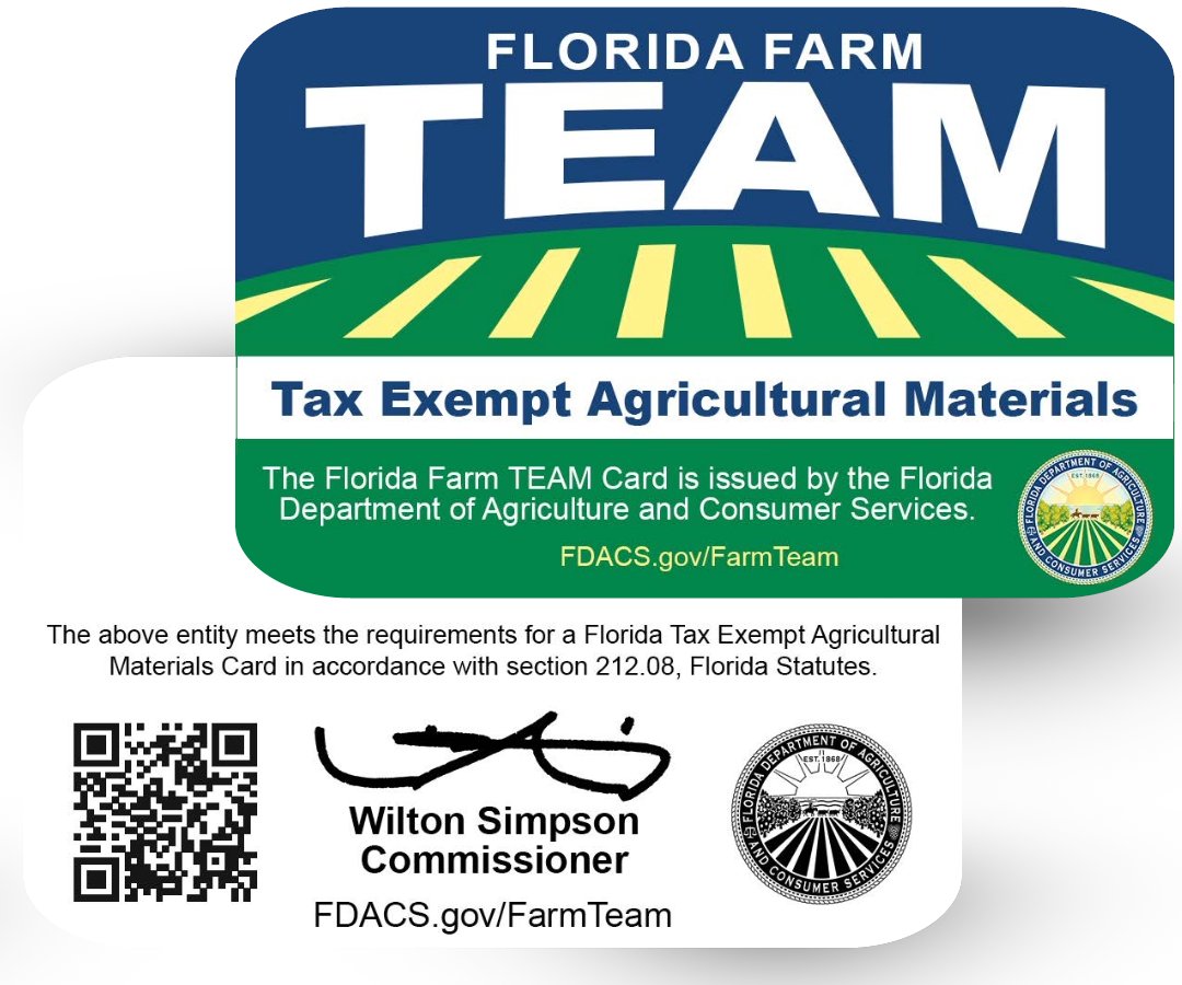 Florida farmers, join the TEAM in 2024! Florida Farm Tax Exempt Agricultural Materials (TEAM) Card applications opened January 1. Learn more: FDACS.gov/FarmTeam