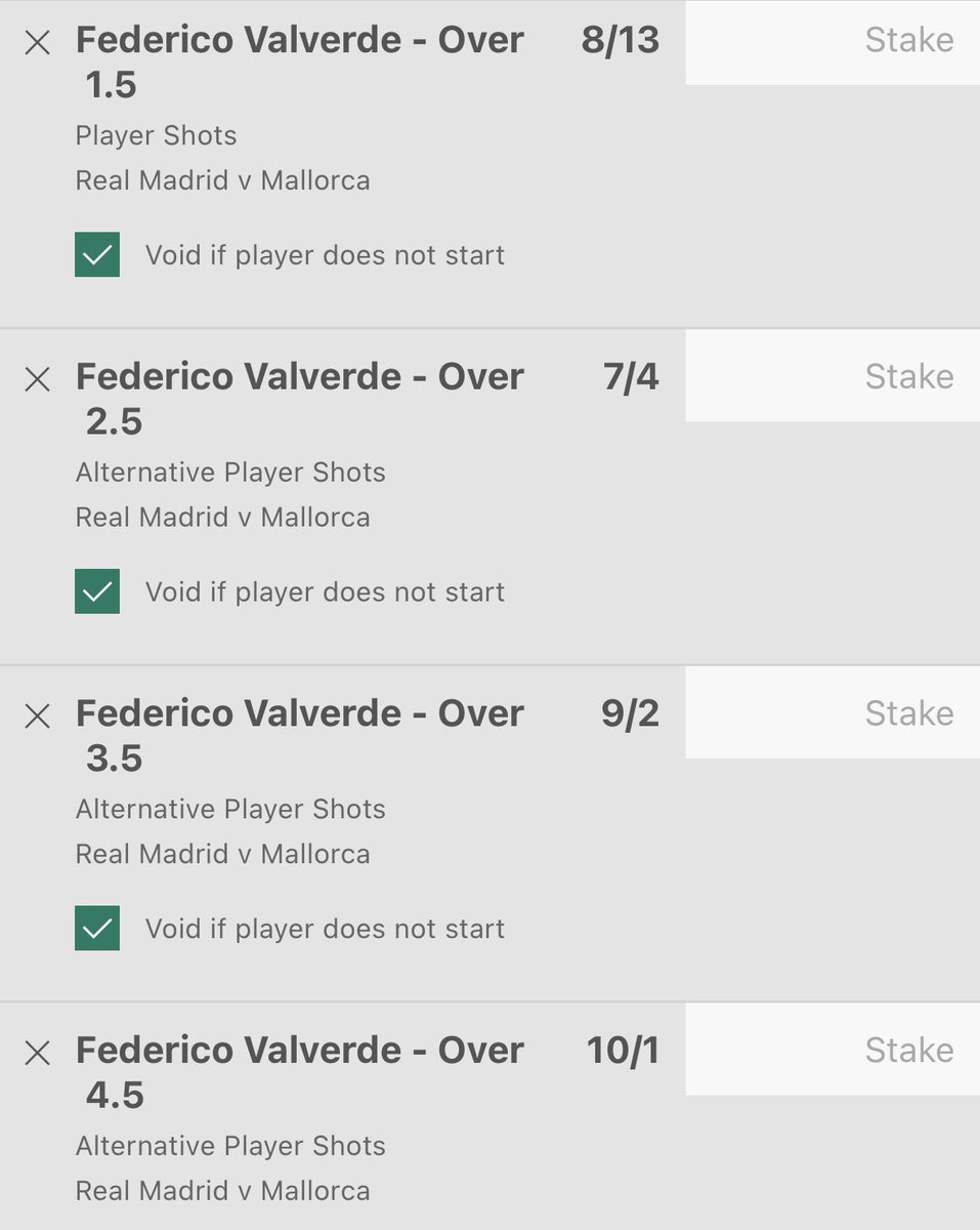 Valverde shots 🇪🇸

It's not a value bet more of an opinion based bet with the following reasons...

2+ shots in 10/17 starts
3+ shots in 5/17

3+ shots in 2/7 home starts

Nothing amazing here but RM average 19.3 shots taken per home game and Mallorca are a poor side away from