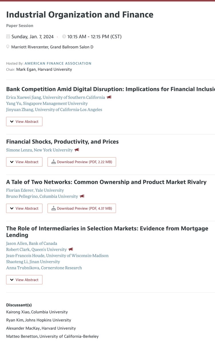 If you're attending #ASSA2024 #AFA2024 in San Antonio, join <a href="/EXjiang/">Erica Xuewei Jiang</a> <a href="/SimoneLenzu/">Simone Lenzu</a> R.Clark <a href="/kairong_xiao/">Kairong Xiao</a> R-Kim A.McKay <a href="/m_benetton/">Matteo Benetton</a> and myself for a great session on

Industrial Organization and Finance

on Sunday at 10:15am

👇🏻 Click to expand session details👇🏻

#econtwitter