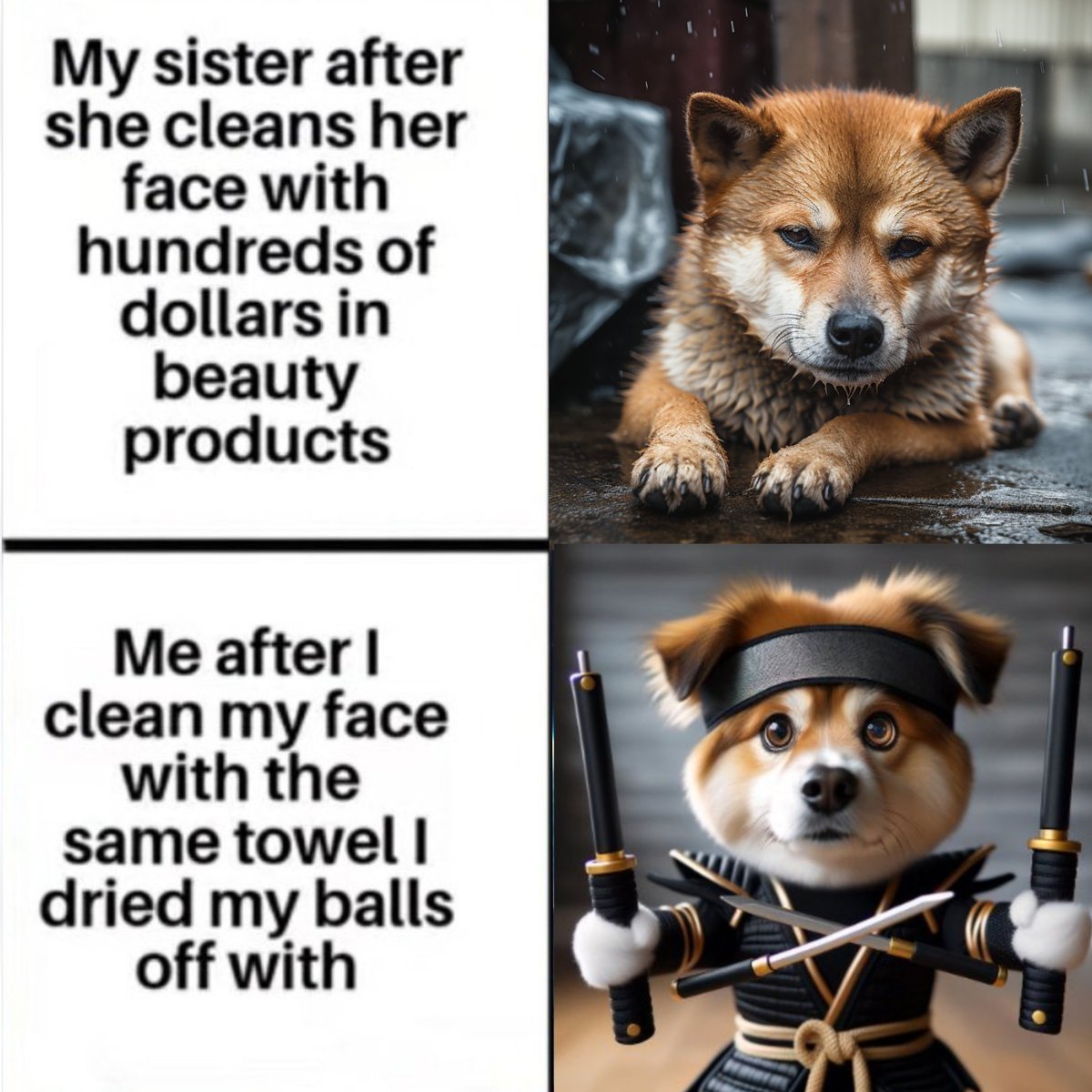 juzzmanggo's tweet photo. Had some fun with midjourney in creating the dogs for the first meme 🤭 @dogwifnunchucks 

$ninja #ninjameme https://t.co/dBtuiCRP6V