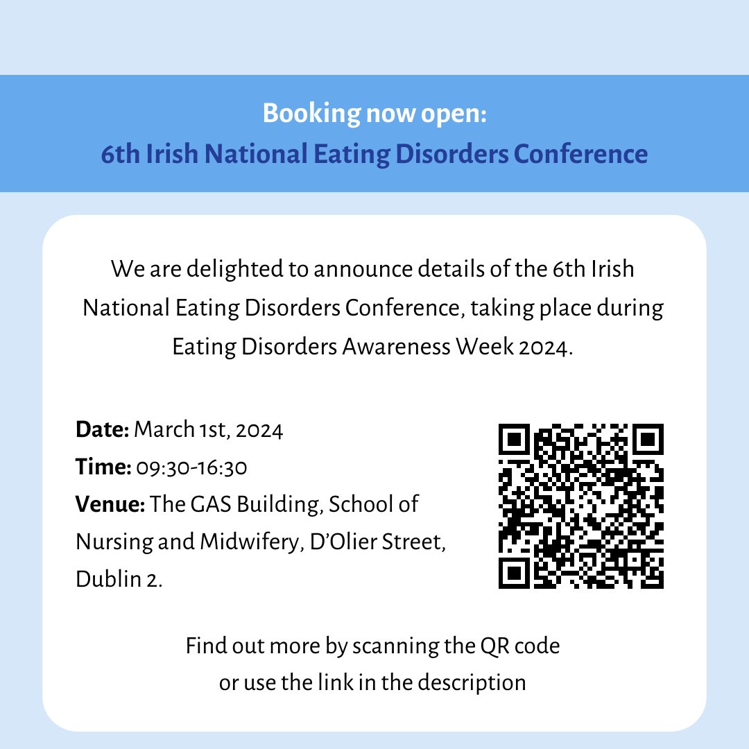 📣Booking now open: 6th Irish National Eating Disorders Conference 2024. ▶Friday March 1st. ▶Speakers: @jamesldowns (Lived experience); Prof Paul Robinson (Medical Emergencies in ED) and Workshop on Exercise Management in ED. Find out more: bodywhys.ie/6th-irish-nati…