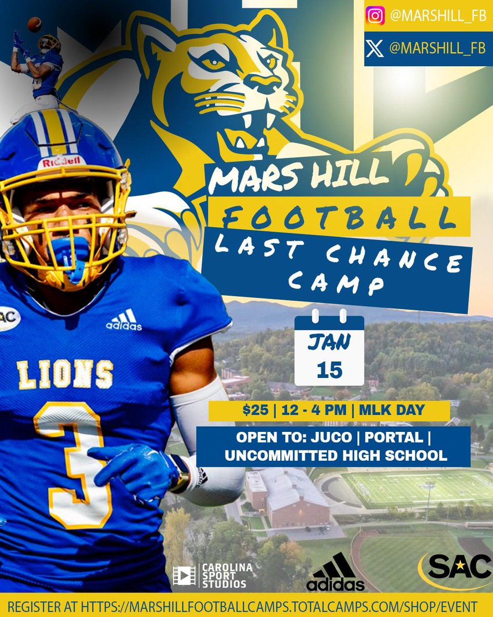 MarsHill_FB's tweet photo. 🚨 LAST CHANCE CAMP 🚨 
Class of 2024 and transfers - sign up using the link below to register for our winter showcase on January 15th‼️ Do you have that #MountainMentality? Come prove it‼️

https://t.co/NYj0RLjNXK https://t.co/QNaCkwv6KU