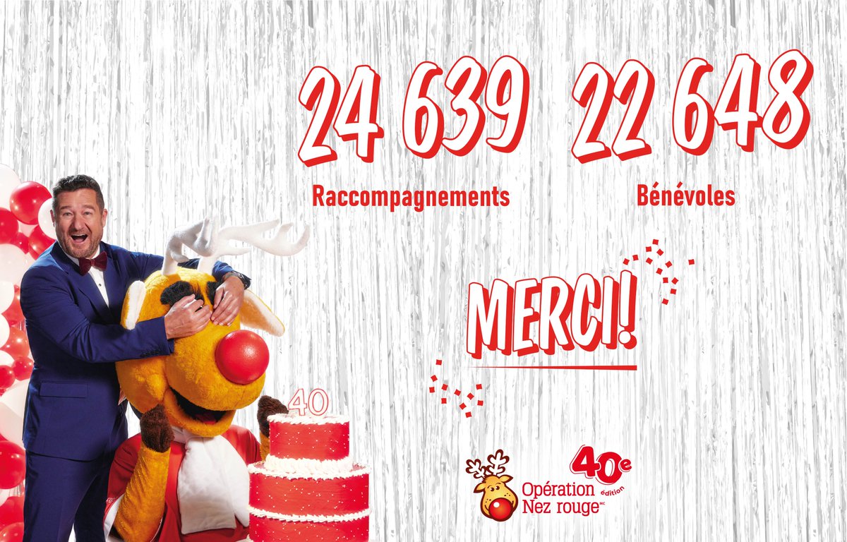 Succès pour la 40e édition de l'Opération Nez rouge 🎉✨ ! Merci du fond du coeur à tous les bénévoles ! Nous adressons aussi nos sincères remerciements à nos fidèles partenaires, la <a href="/SAAQ/">SAAQ</a> - Société de l’assurance automobile du Québec et @Desjardins ! À l'année prochaine🤝 !