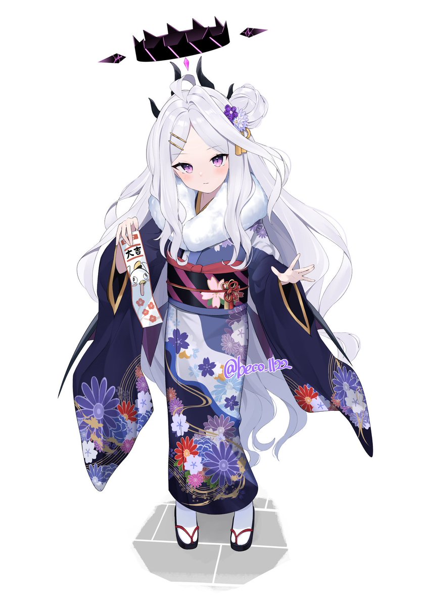 hina (blue archive) 1girl japanese clothes solo kimono long hair purple eyes horns  illustration images