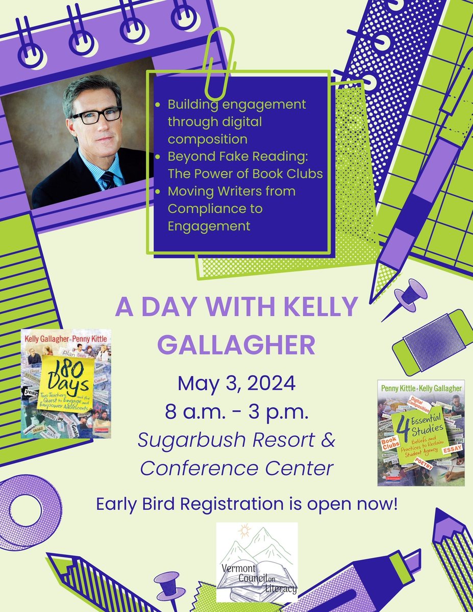 @KellyGToGo is coming to Vermont in May! So excited to hear his thoughts and strategies for engagement in digital composition, reading, and writing! Register here: shorturl.at/jyLZ3