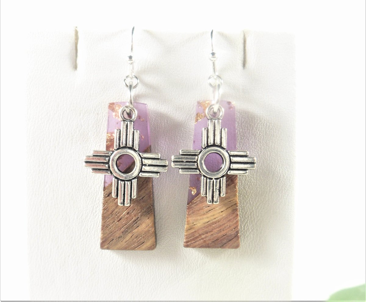 Zia Earrings, Purple Zia Jewelry, Unique Zia Dangle Earrings, Zia Charm Earrings, Gold Foil Santa Fe New Mexico Earrings, NM Zia Earrings tuppu.net/5ee27aaa #EtsySeller #EtsyShop #SantaFe #NewMexico #SparklyEarrings