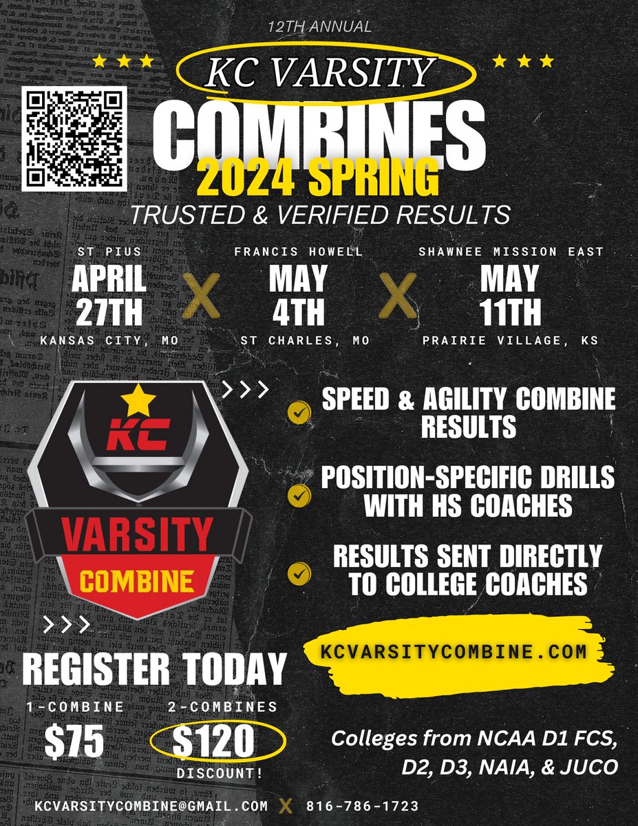 🚨🚨KC Varsity Combines 🚨🚨 Invites are coming out soon Verified testing Indie drills 1 v 1's 7v7's King of the Hill linemen challenge Recruiting media Colleges coaches in attendance Get registered today at KCVarsitycombine.com