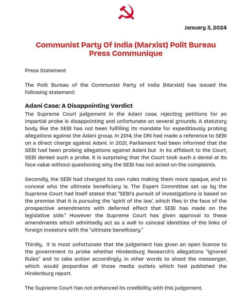 SitaramYechury's tweet photo. The SC judgement in the Adani case is disappointing and unfortunate on several grounds. A statutory body like the SEBI has not been fulfilling its mandate for expeditiously probing allegations against the Adani group. 
SC has not enhanced its credibility with this judgement. https://t.co/uKaIb6hc3q