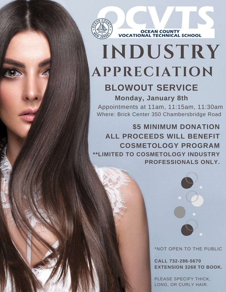 Attention cosmetology professionals! Book your appointment TODAY for Monday, January 8th! 

Note: this is NOT open to the public. It is a special opportunity for you professionals to come in and connect with our current cosmetology students and be treated to a $5 blowout service.