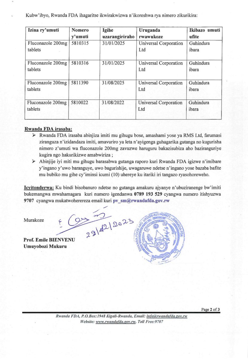 RwandaFDA's tweet photo. 🚨🚨:Guhagarika ikwirakwizwa n'ikoreshwa rya nimero zimwe z'imiti y'ibinini byitwa Fluconazole 200mg bikorwa n'uruganda Universal Corporation Ltd/Kikuyu,Kenya.
#Recall
#HealthAlert 
#FluconazoleSafety https://t.co/RVjWXC3aeo