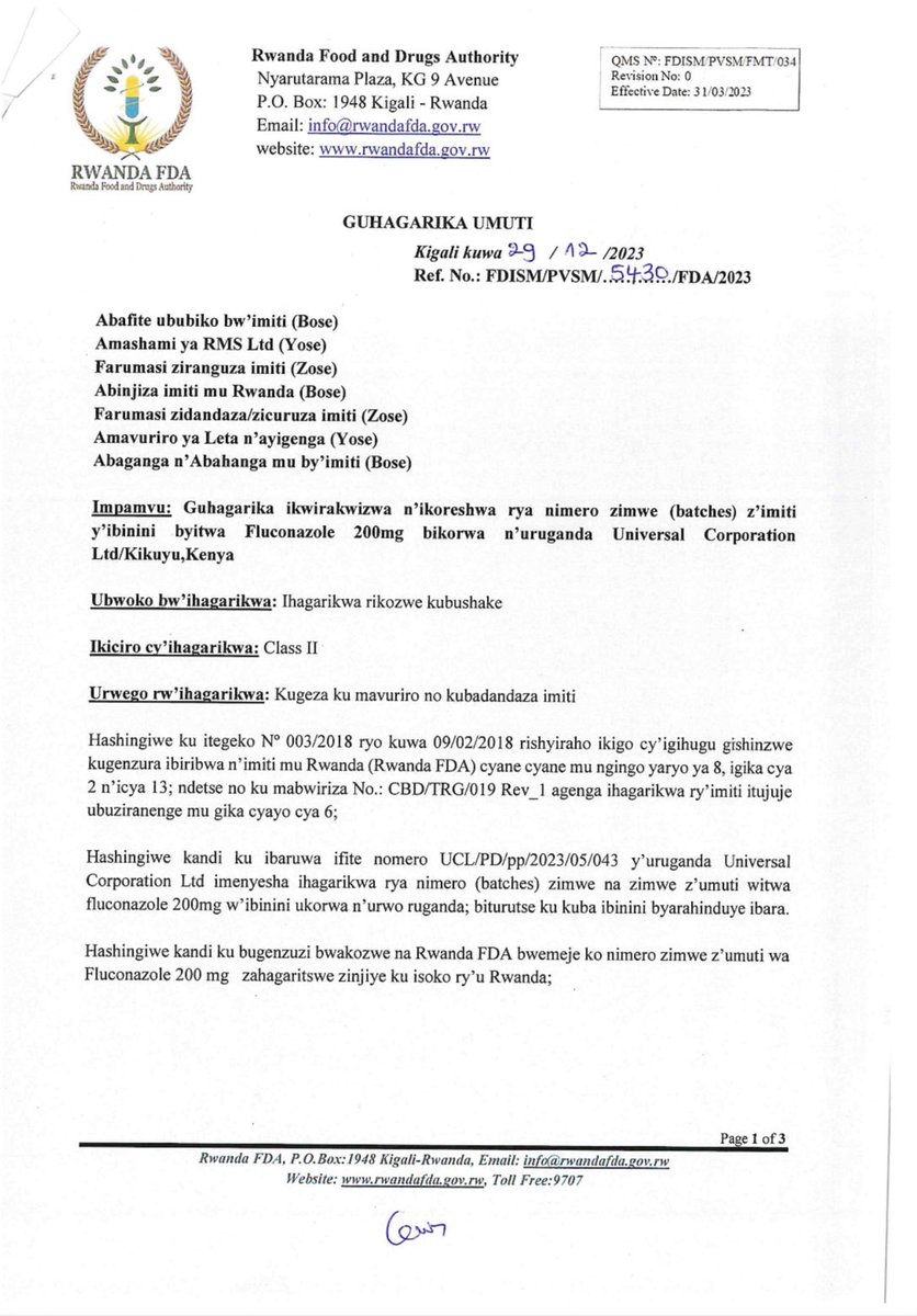 RwandaFDA's tweet photo. 🚨🚨:Guhagarika ikwirakwizwa n'ikoreshwa rya nimero zimwe z'imiti y'ibinini byitwa Fluconazole 200mg bikorwa n'uruganda Universal Corporation Ltd/Kikuyu,Kenya.
#Recall
#HealthAlert 
#FluconazoleSafety https://t.co/RVjWXC3aeo