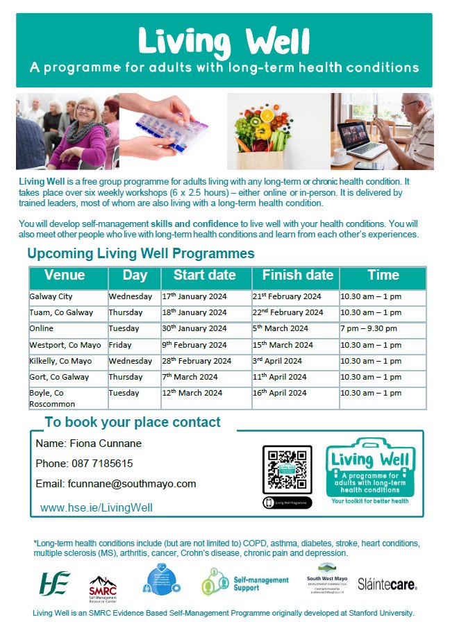 New schedule launched for the #HSELivingWellProgramme in @CHO2west This 6-week programme supports people to develop skills and confidence so they can manage their long-term health condition(s) and improve their overall health and wellbeing. #HSEselfmanagementsupport