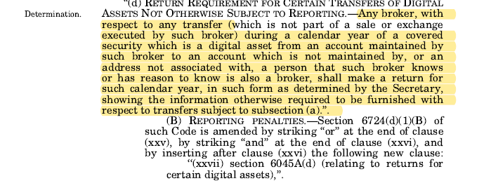 Real_JamesN's tweet photo. @nftnow If you look at the previous page this appears to me to be related to brokers. Correct me if I'm wrong here....It seems like the law is saying Broker's have additional reporting requirements. https://t.co/eGd5MrvmgQ