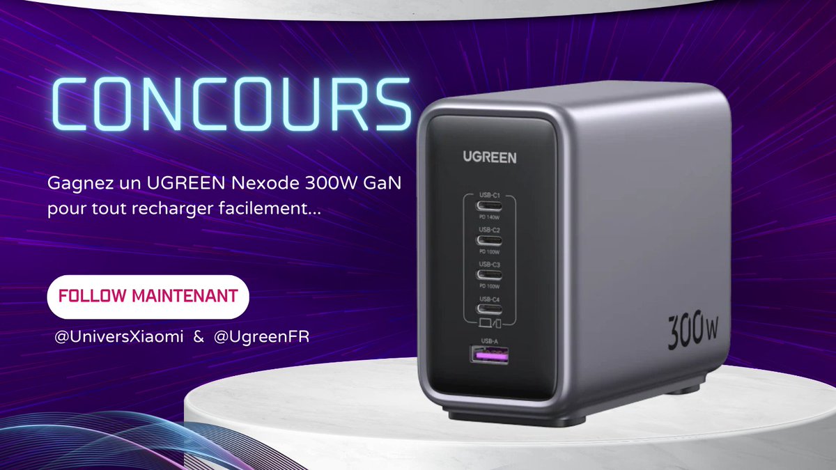 #Concours 🍀 Gagner un Ugreen Nexode 300W GaN !

- Follow : @UniversXiaomi et <a href="/UgreenFR/">UgreenFr</a>
- RT et Like ce concours
- Commente et tag 3 amis

TAS : le 18/01/2024 à 19h 

#UGREEN #UniversXiaomi