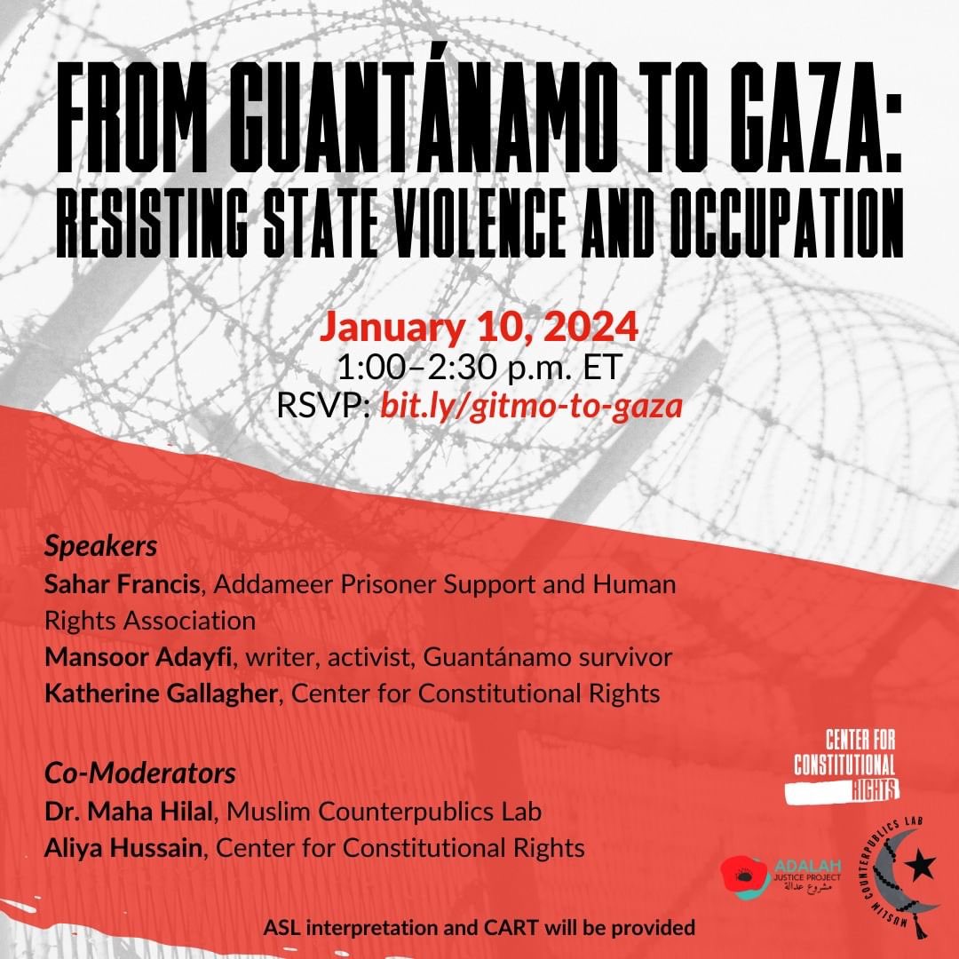 Join us for this virtual event marking 22 years of U.S. detention of Muslim men and boys at the Guantánamo Bay prison. 30 Muslim men still remain at the notorious facility: most have never been charged with a crime despite spending decades behind bars

bit.ly/gitmo-to-gaza