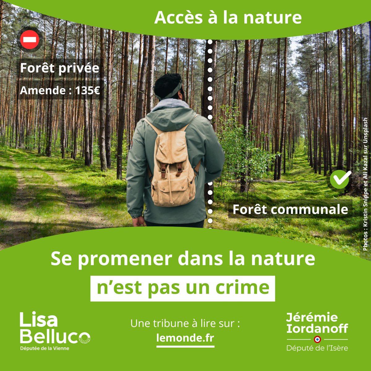 🌲⛔️ Se promener n’est pas un crime ! 
Pourtant, une loi de 2023 pénalise le simple fait de se trouver dans une forêt privée : 80 % de la forêt française risque ainsi de devenir inaccessible. 
📝 Notre tribune avec <a href="/iordanoff/">Jérémie Iordanoff</a> à lire sur <a href="/lemondefr/">Le Monde</a> lemonde.fr/idees/article/…