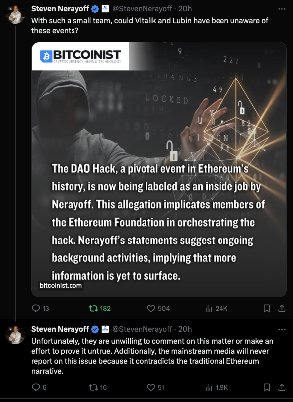 digitalassetbuy's tweet photo. Hey @CoinDesk when are you going to report on the @StevenNerayoff accusation that the DAP "Hack" was an inside job involving the Ethereum Foundation? https://t.co/0mbbTa8n4g