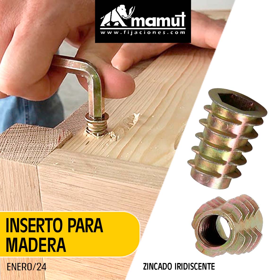 Este inserto es un conector para muebles, que permite utilizar pernos como elemento de fijación en maderas blandas, madera contrachapada, MDF y tablero de composición. Se instala con llave allen (hexagonal). Se encuentra disponible en distintos diám. M4, M5, M6 M8 y M10 y largos.