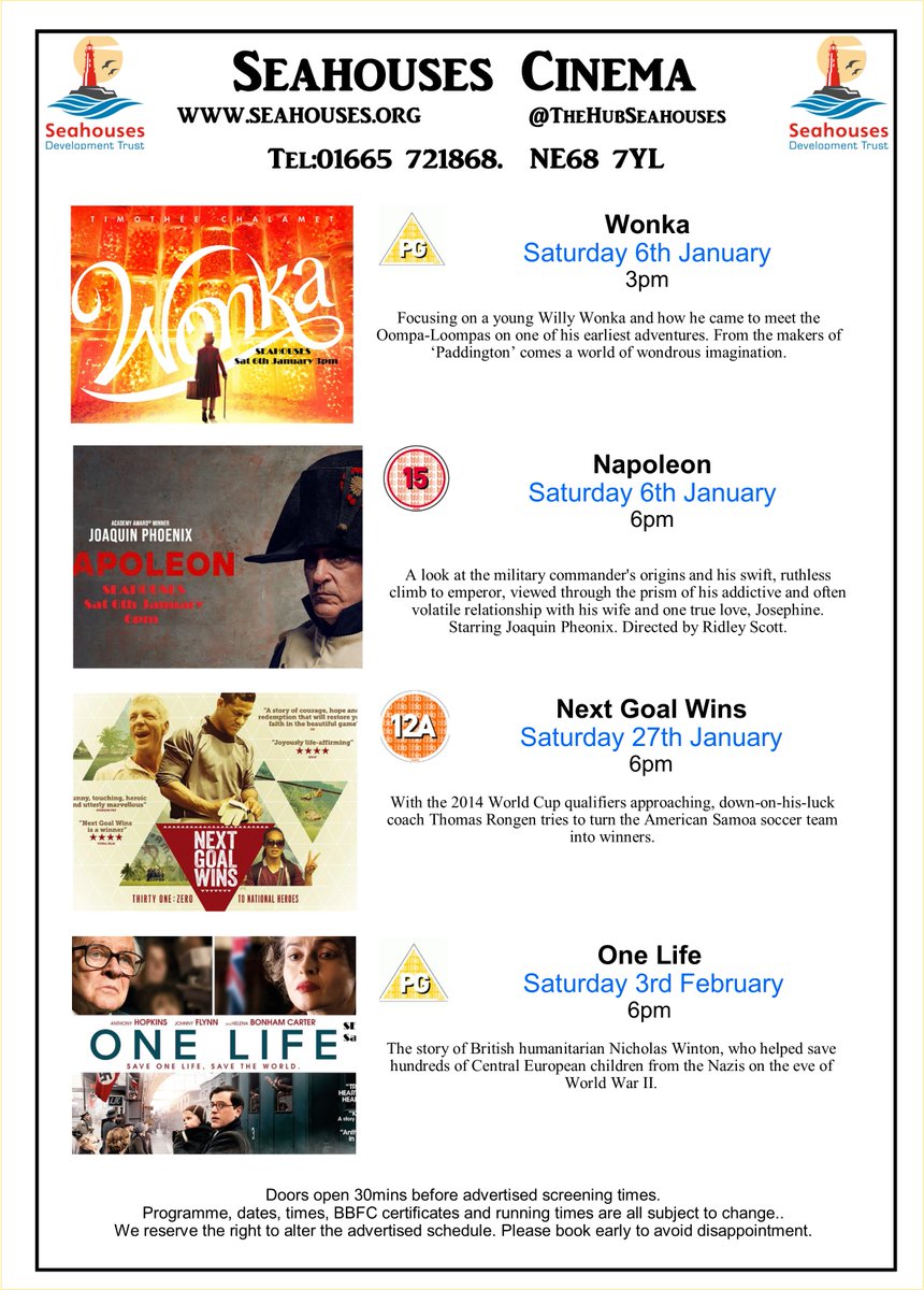 SeahousesHub's tweet photo. A great lineup of FILMS for the New Year.
#Seahouses #SeahousesCinema
#Northumberland #SeahousesMatinee
#Wonka #Napoleon #NextGoalWins #OneLife
#Priscilla #CalendarGirls #EdgeOfReason
#SeahousesFilmClub https://t.co/JTf9f8tilU
