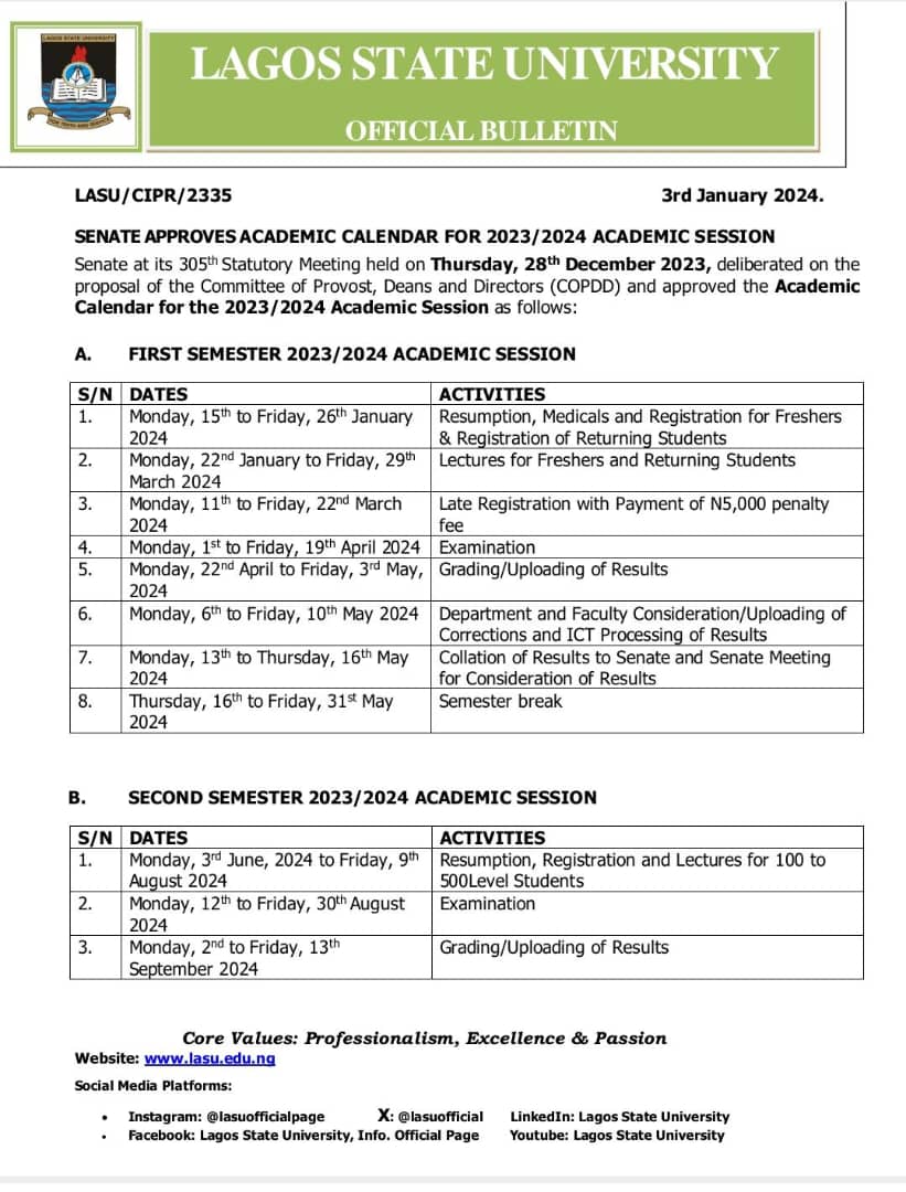 LASUOfficial's tweet image. SENATE APPROVED ACADEMIC CALENDAR FOR 2023/2024 ACADEMIC SESSION
