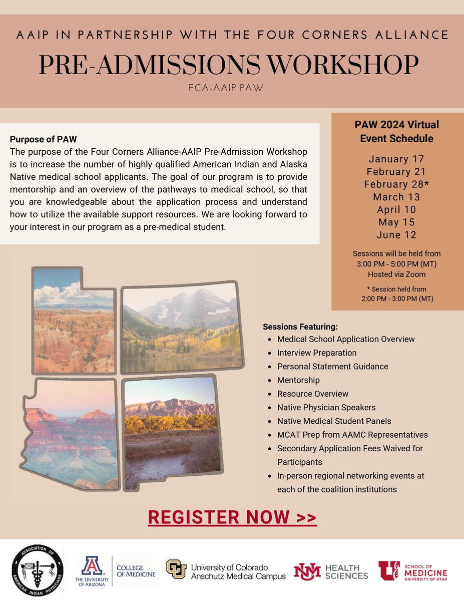 CrossroadsAHEC's tweet photo. 🌟 Exciting News! Join us for PAW 2024 Virtual, a Pre-Admissions Workshop in partnership with the Four Corners Alliance-AAIP. Elevate your medical school journey with sessions on application overview, interview prep, personal statement guidance, mentorship, and more! #PAW2024 https://t.co/se5q5p2fMV