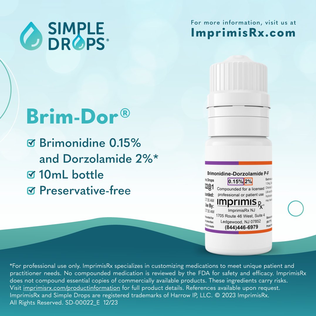 We want to shine the spotlight on our Brim-Dor® topical solution*. This compounded formulation is preservative-free, contains Brimonidine 0.15% and Dorzolamide 2% and comes in a 10mL bottle. #imprimisrx #simpledrops #optometry #ophthalmology #preservativefree
