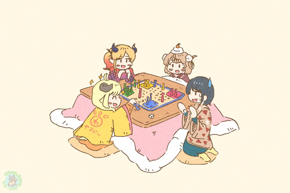 yuzuki choco multiple girls horns kotatsu table blonde hair 4girls demon horns  illustration images