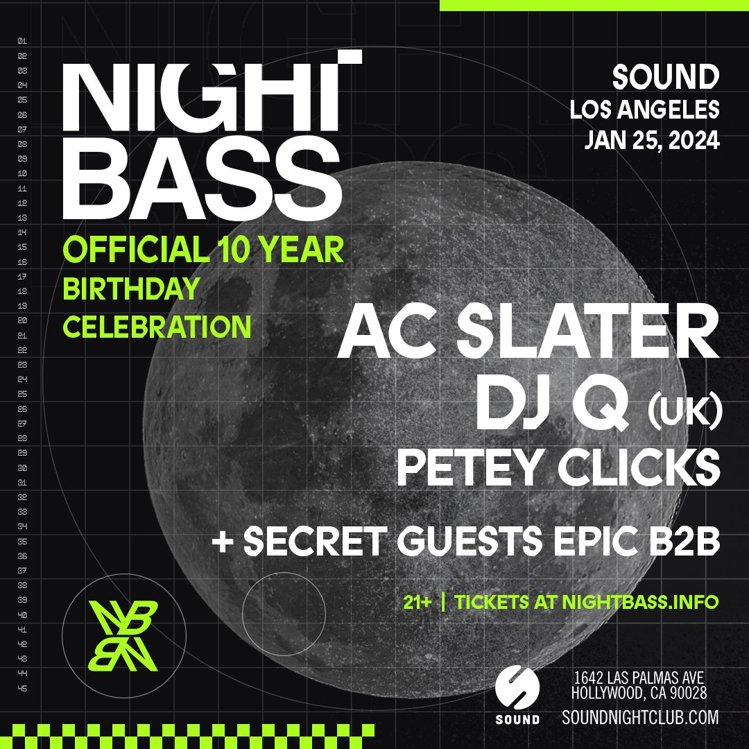 We put on our very first Night Bass event 10 years ago at @Sound_Nightclub in LA on January 30th, 2014. What better place to kick off our 10 year anniversary than our home base all these years later. Tickets on sale now ➡️ link.dice.fm/P44c321af0f4
