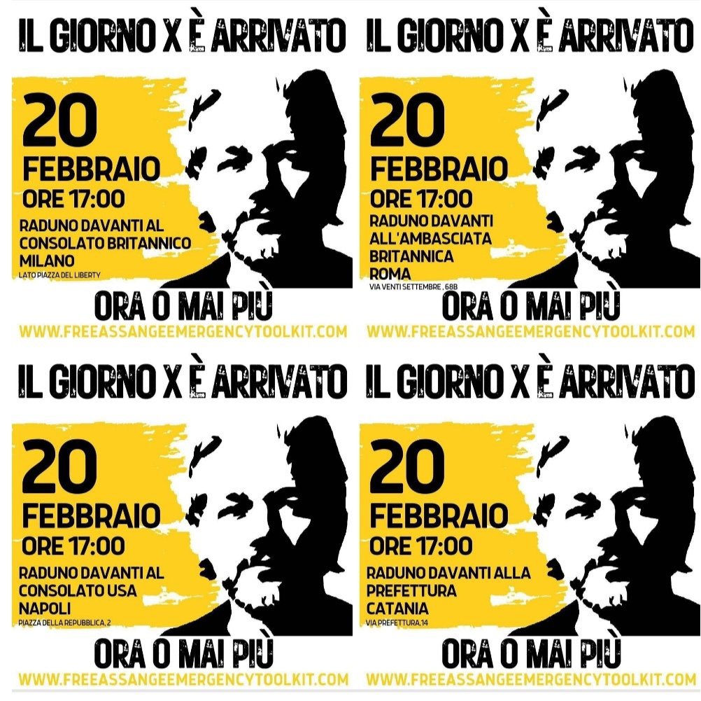 #20Febbraio2024, ore 17.00
Chi non può recarsi a Londra quel giorno, si riunisca con gli attivisti italiani a

#ROMA
#MILANO 
#NAPOLI 
#CATANIA

‼️ fermiamo l’estradizione di #Assange

‼️difendiamo il nostro diritto di conoscere

‼️pretendiamo di sapere cosa fa il potere a nostro…