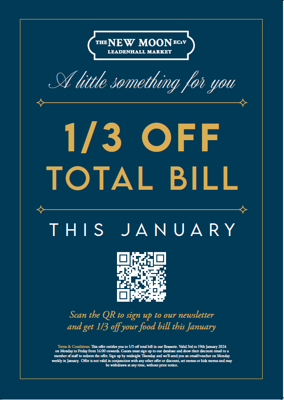 thenewmoonec3's tweet image. Welcoming in the New Year with a wonderful gift* from us to you.. only in our Brasserie from 4pm to 10pm ! 🥂🍽️🥂

*when you sign up to our mailing list, offer valid Monday-Friday throughout January, t’s and c’s apply.
#januaryoffer #januarypromotion #januarydeal #pub