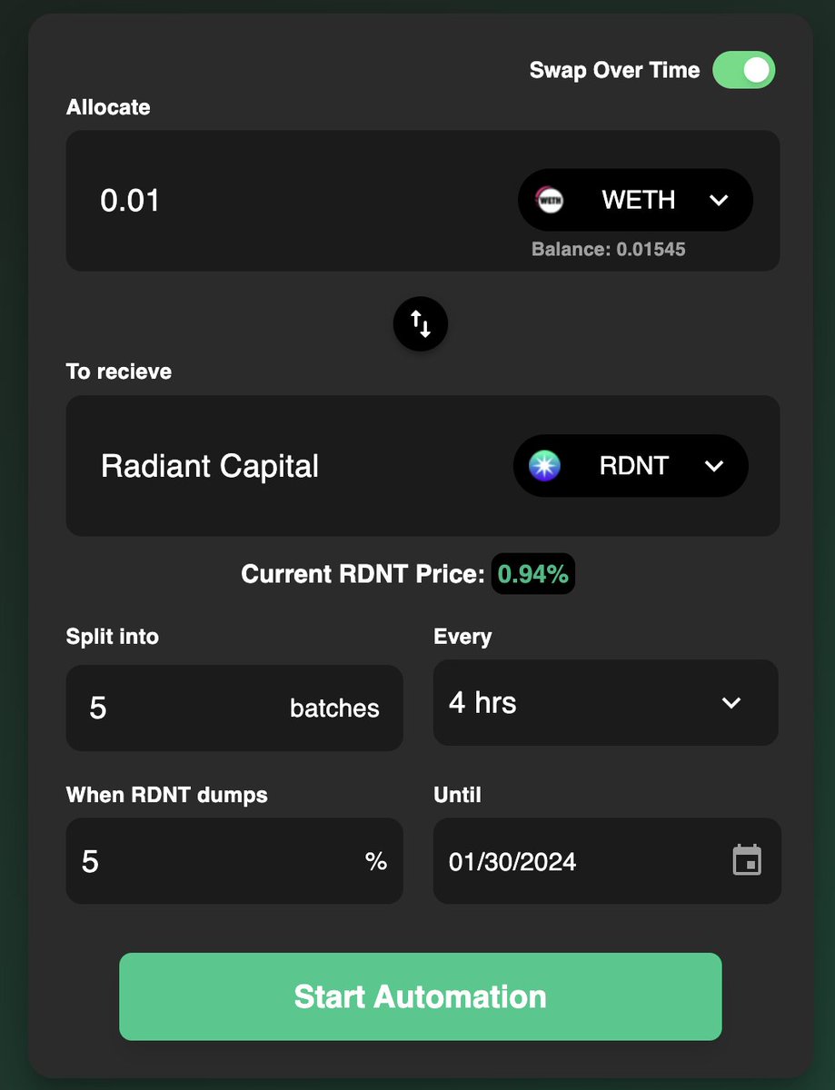 splurgefinance's tweet photo. Additionally, you can split your trade into multiple batches by toggling "Swap Over Time".  In this image, the trade is being split into 5 orders, and it can only execute a batch every 4 hours. https://t.co/nfz1TgWsQD