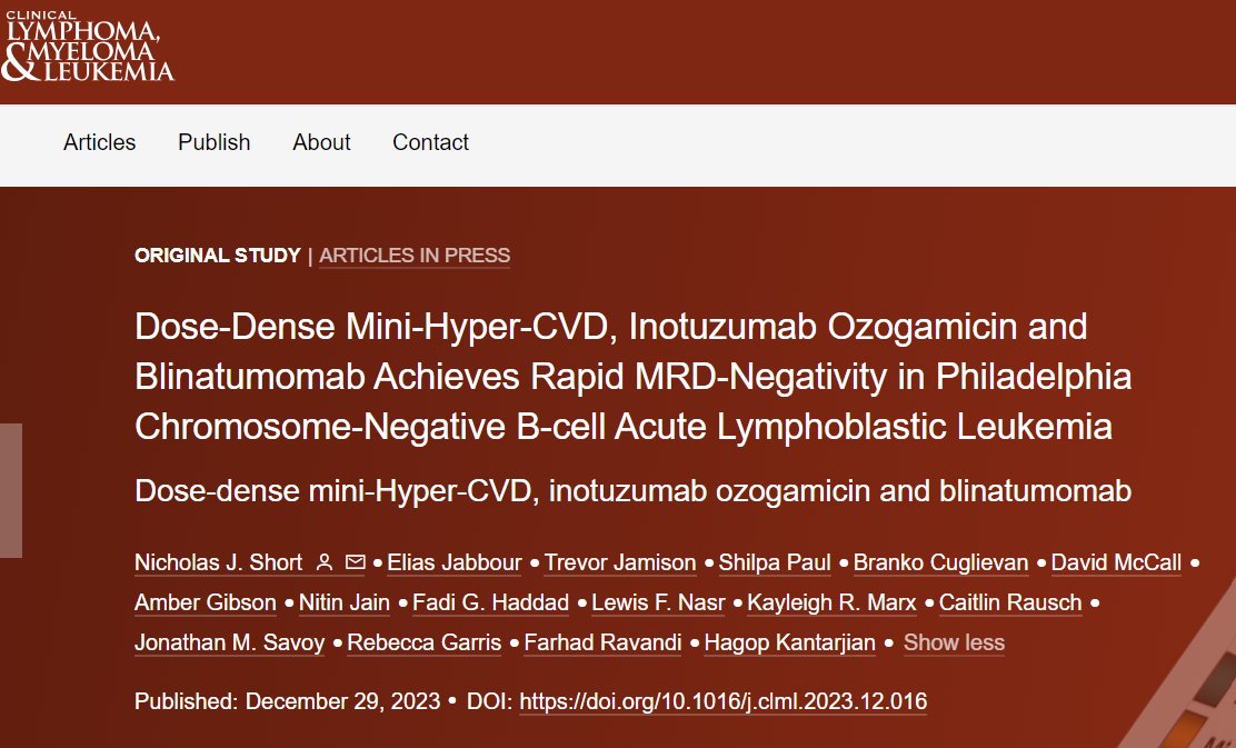 Dose-dense mini-hyper-CVD, INO and blina achieves NGS MRD negativity in &gt;90% of pts with new dx B-ALL. A clinical trial at <a href="/MDAndersonNews/">MD Anderson Cancer Center</a> is ongoing.
<a href="/NicholasShortMD/">Nicholas Short MD</a> 
Clinical Lymphoma, Myeloma and Leukemia
clinical-lymphoma-myeloma-leukemia.com/article/S2152-…