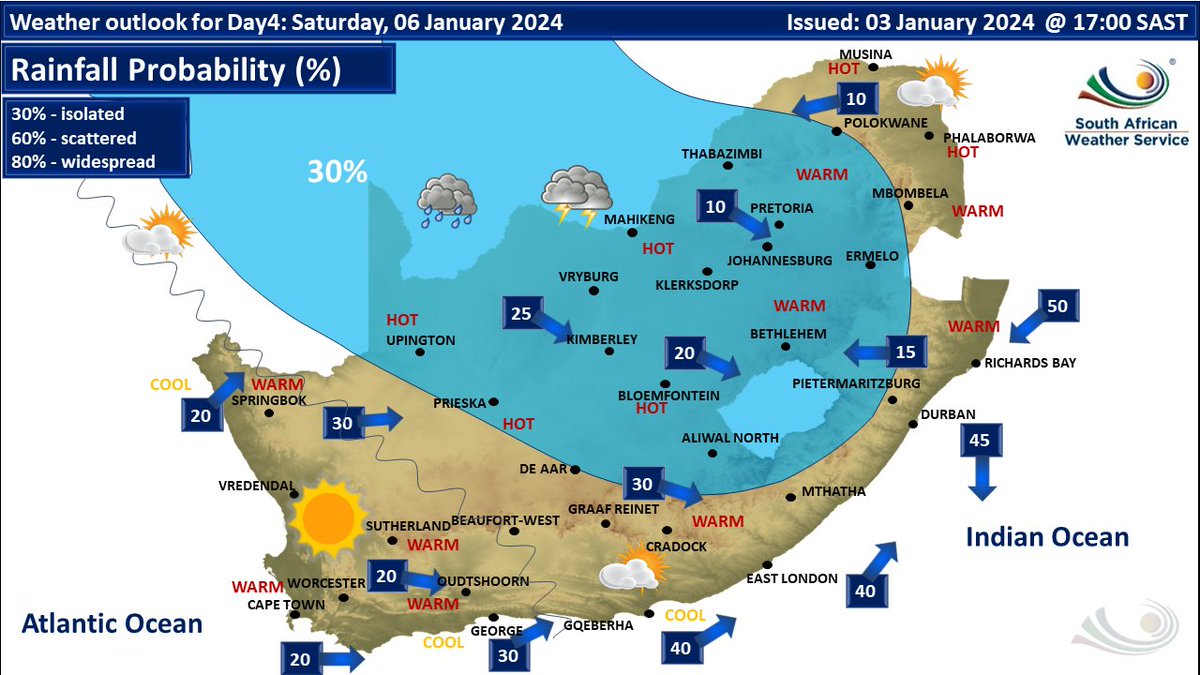 SAWeatherServic's tweet photo. WEATHER OUTLOOK FOR SAT, 6TH JANUARY 2024:

Fine in the W with hot to very hot conditions over the interior, otherwise partly cloudy and warm with isolated showers and thundershowers over the central and eastern parts, but scattered over the eastern Highveld up to the escarpment. https://t.co/N9BYWNyBkV