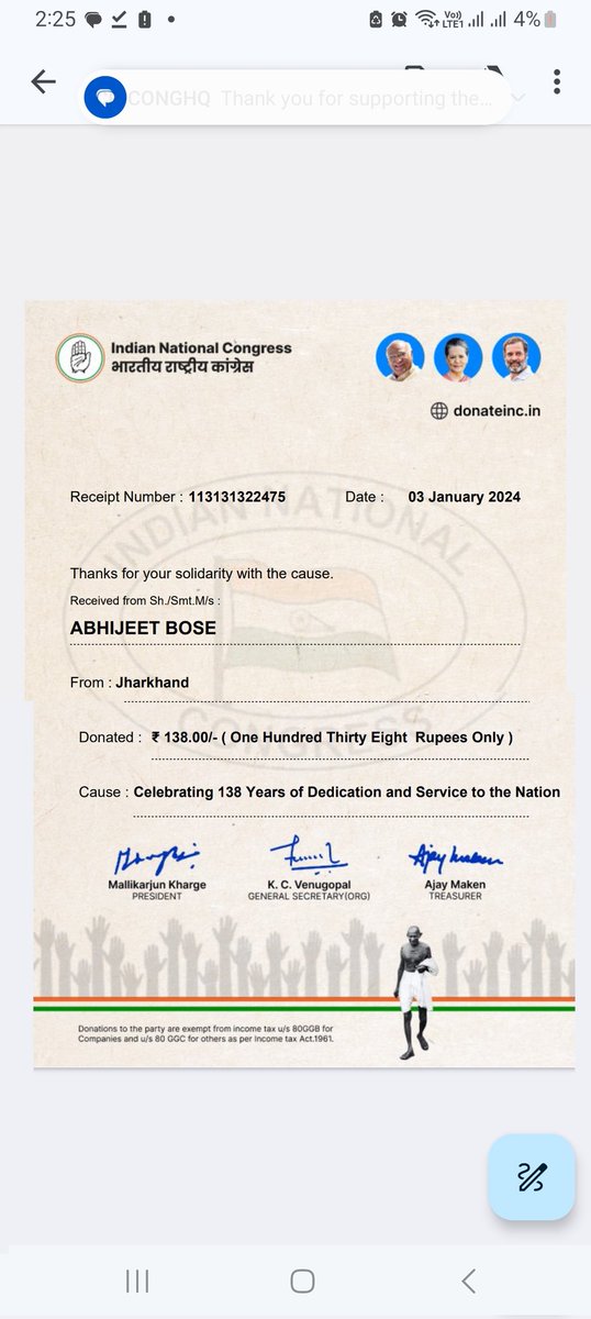 Donated for the wellness of the nation. Jay hind jay congress
<a href="/RahulGandhi/">Rahul Gandhi</a> <a href="/drajoykumar/">Dr. Ajoy Kumar</a> <a href="/kharge/">Mallikarjun Kharge</a> <a href="/RajeshThakurINC/">Rajesh Thakur</a> <a href="/priyankagandhi/">Priyanka Gandhi Vadra</a>