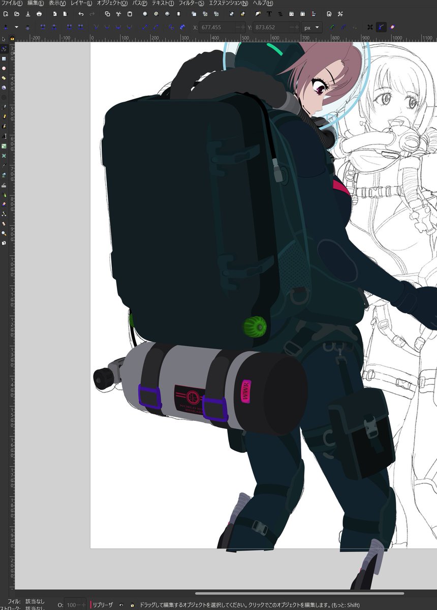 InkBzePainter's tweet image. 【制作状況(29)：テミスガールズ】
カレンさんの装備オブジェクトは作りあがりました。
今回はフィンだったり脚の一部は描かないのでちょっとだけ楽をしてます。
私の作品の97%(106/109)は全身画なのでレアな方です。
#インクスケープ #inkscape