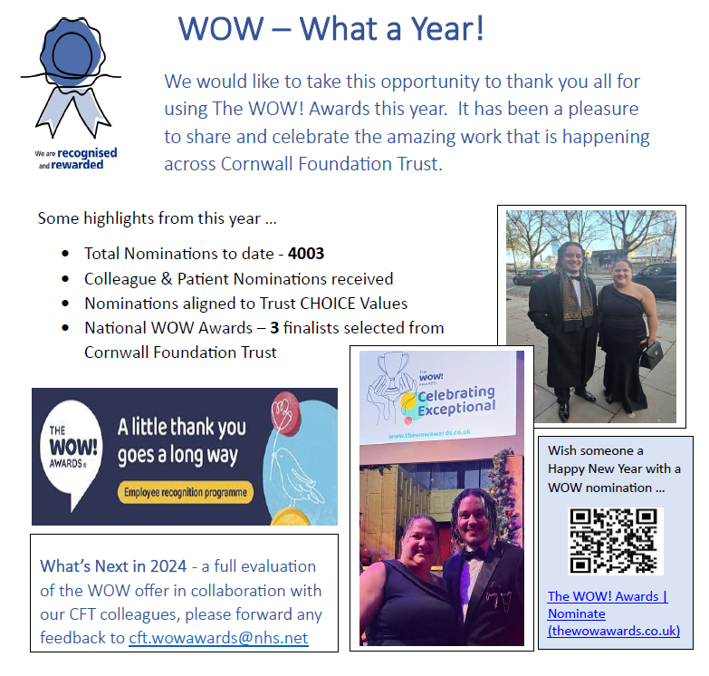 Workforce Transformation & Engagement CFT (@cftworkforce) on Twitter photo WOW – What a Year!
We would like to take this opportunity to thank you all for using <a href="/thewowawards/">The WOW! Awards : Employee Recognition Programmes</a> this year. It has been a pleasure to share and celebrate the amazing work that is happening across Cornwall Foundation Trust. WOW – What a Year!
We would like to take this opportunity to thank you all for using <a href="/thewowawards/">The WOW! Awards : Employee Recognition Programmes</a> this year. It has been a pleasure to share and celebrate the amazing work that is happening across Cornwall Foundation Trust.