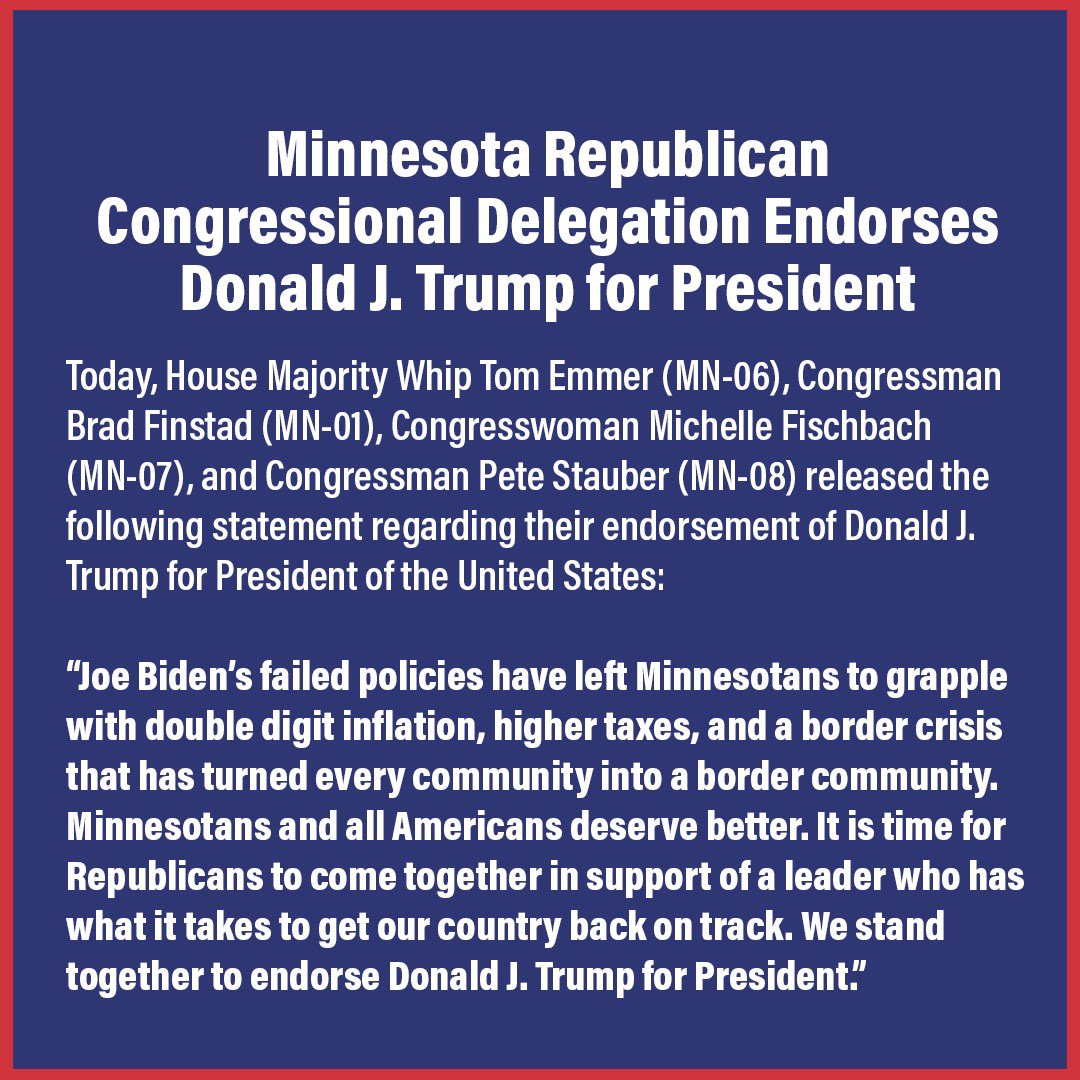 Glad to join my Minnesota Republican delegation in endorsing @realDonaldTrump for President. Time to bring back policies that keep Americans safe and prosperous.