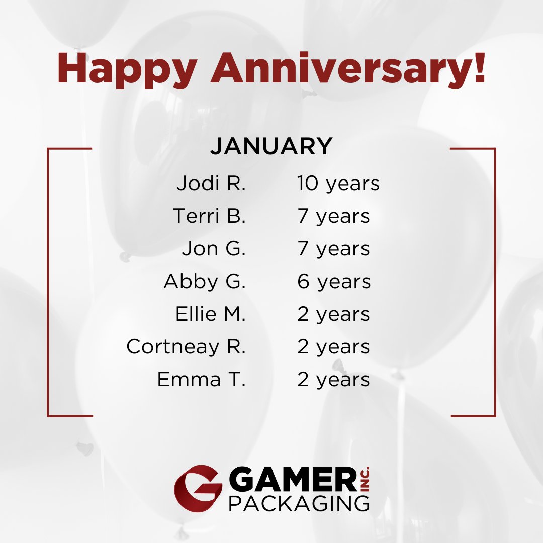 Please join us in congratulating all our team members who have their employee anniversaries this month! Thank you for being an essential part of Gamer Packaging's success! #WhyGamer